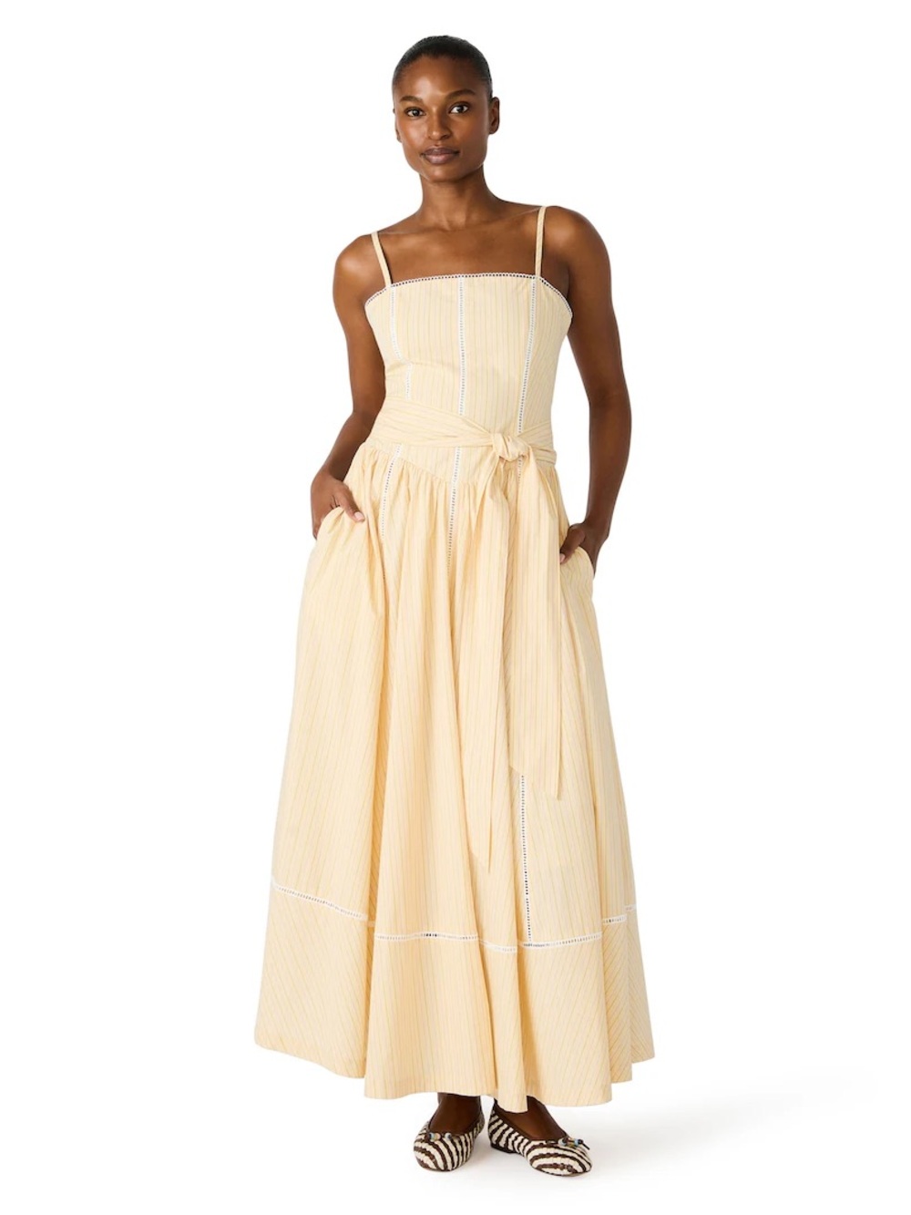 Steve Madden Pale Yellow Striped Maxi Dress with Tie Waist